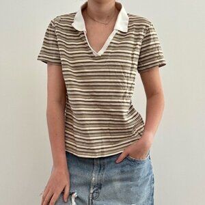 Vintage Gloria Vanderbilt Tan and White Striped Polo Top - L